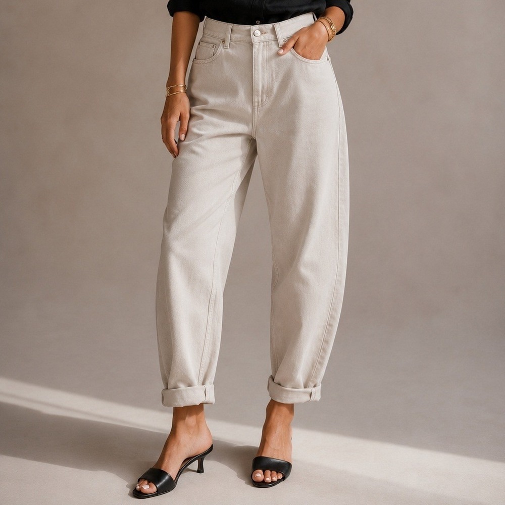HM Womens High Waist Mom Jeans Beige Stone Relaxed Tapered Cotton Size 10 US